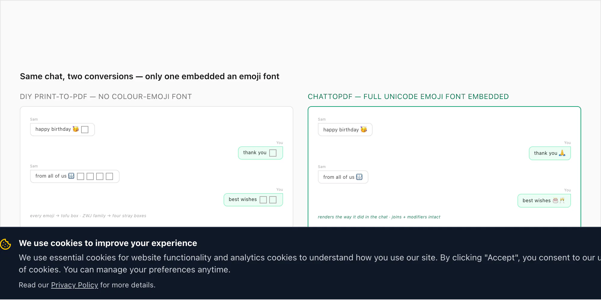 A DIY print-to-PDF chat showing emoji squares next to the same chat from ChatToPDF where every emoji renders as a real glyph