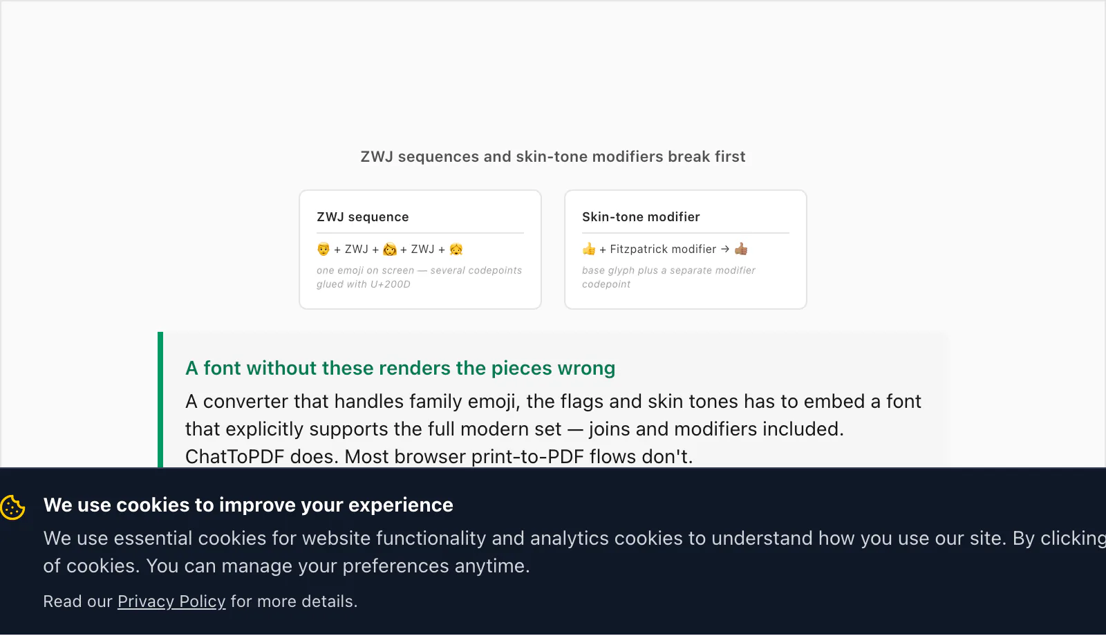 Callout on ZWJ-sequence emoji like the family and rainbow flag plus skin-tone modifiers as the usual emoji breakage points