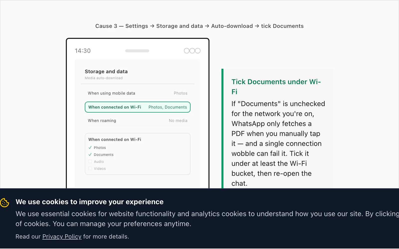 Android WhatsApp Storage and data screen with Auto-download toggles for documents off on mobile and Wi-Fi
