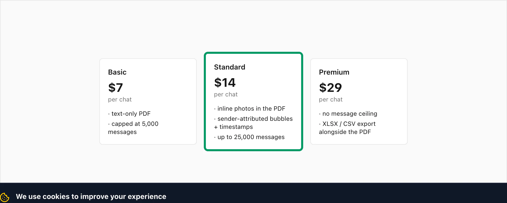 ChatToPDF pricing tiers Basic Standard and Premium per chat, with Standard highlighted as the usual pick