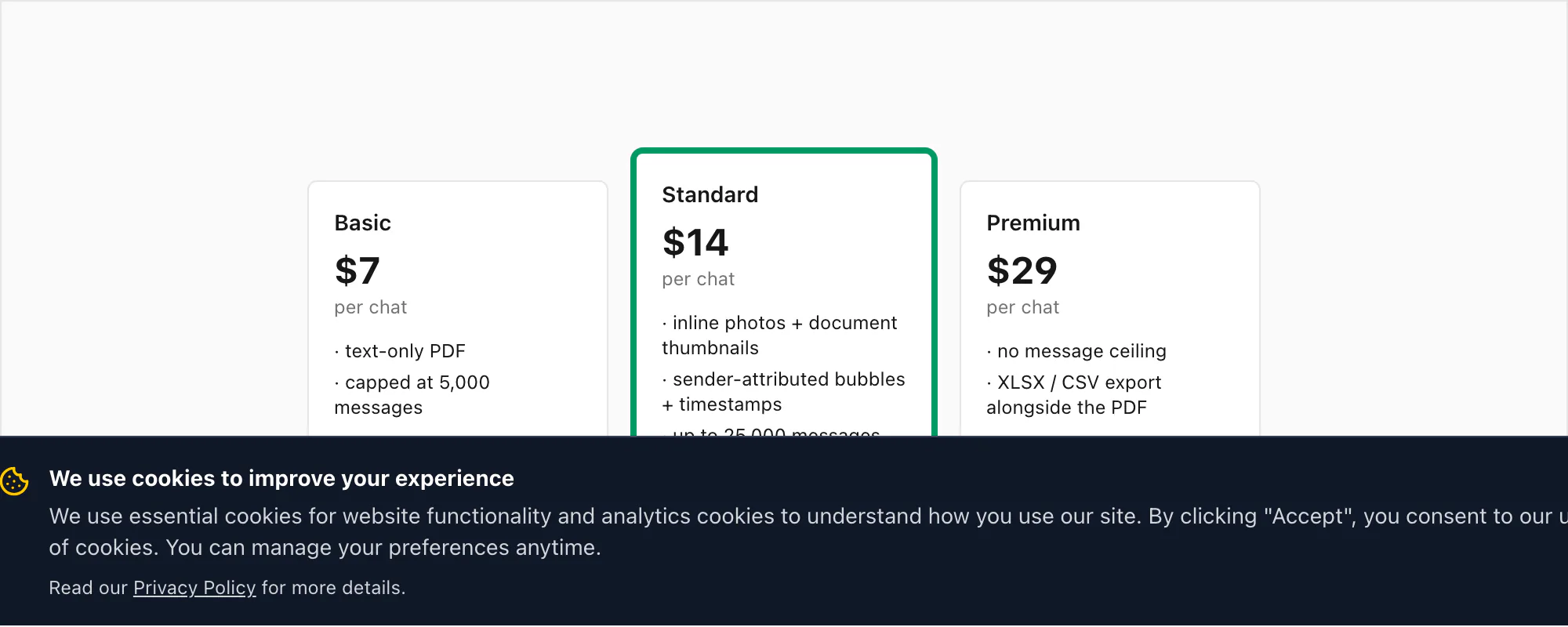 ChatToPDF pricing tiers Basic Standard and Premium per chat, with Standard highlighted as the usual pick