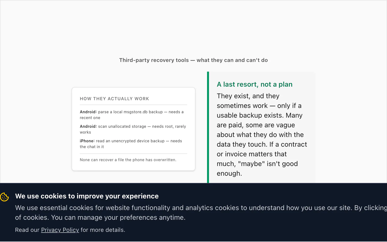Callout setting honest expectations on third-party WhatsApp recovery tools — they exist but offer no guarantees