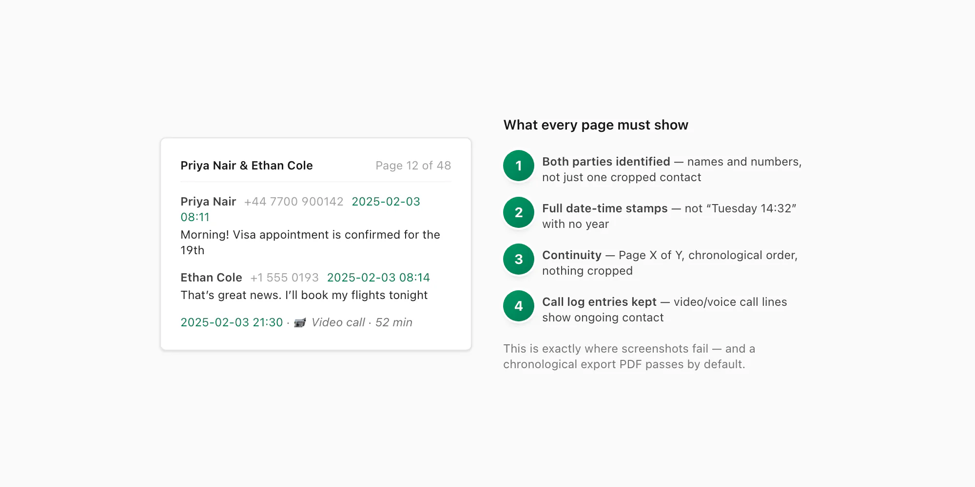 Annotated evidence PDF page showing both parties' names, visible timestamps, and page numbering for a visa