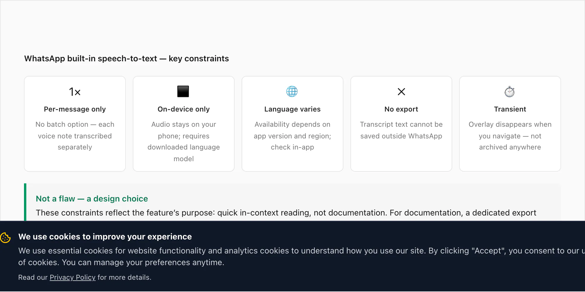 WhatsApp native speech-to-text limits: per-message only, on-device, language varies, no export, transient transcript
