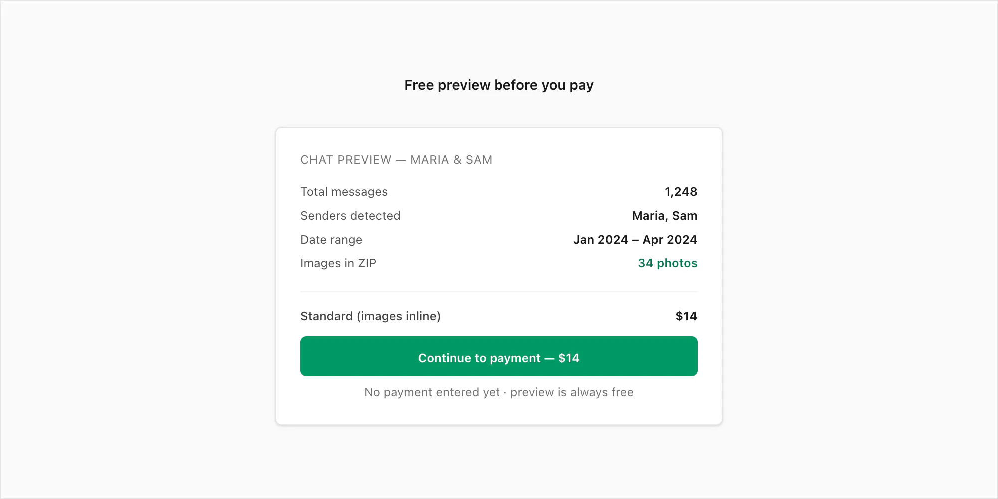WhatsApp to PDF converter free preview panel showing message count, senders detected, and price before payment