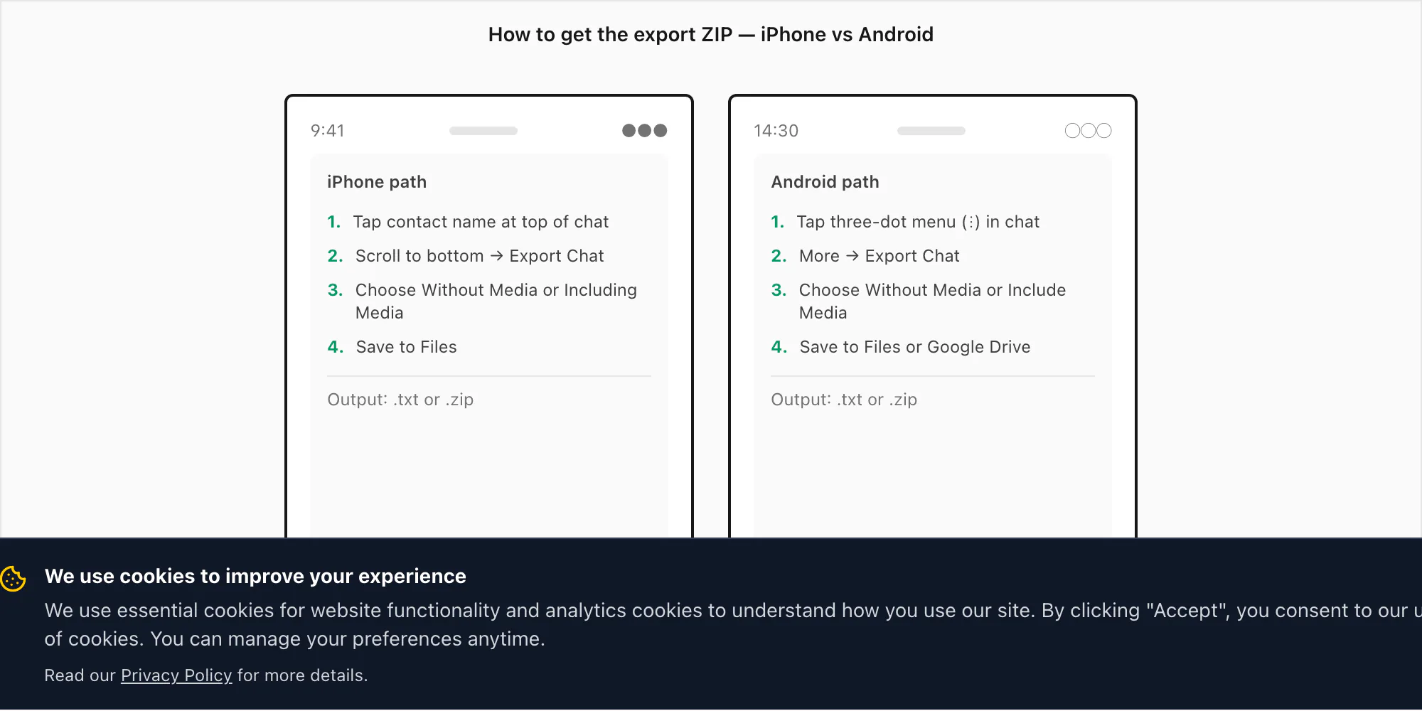 iPhone and Android WhatsApp export paths side by side showing how to get the ZIP for the PDF converter
