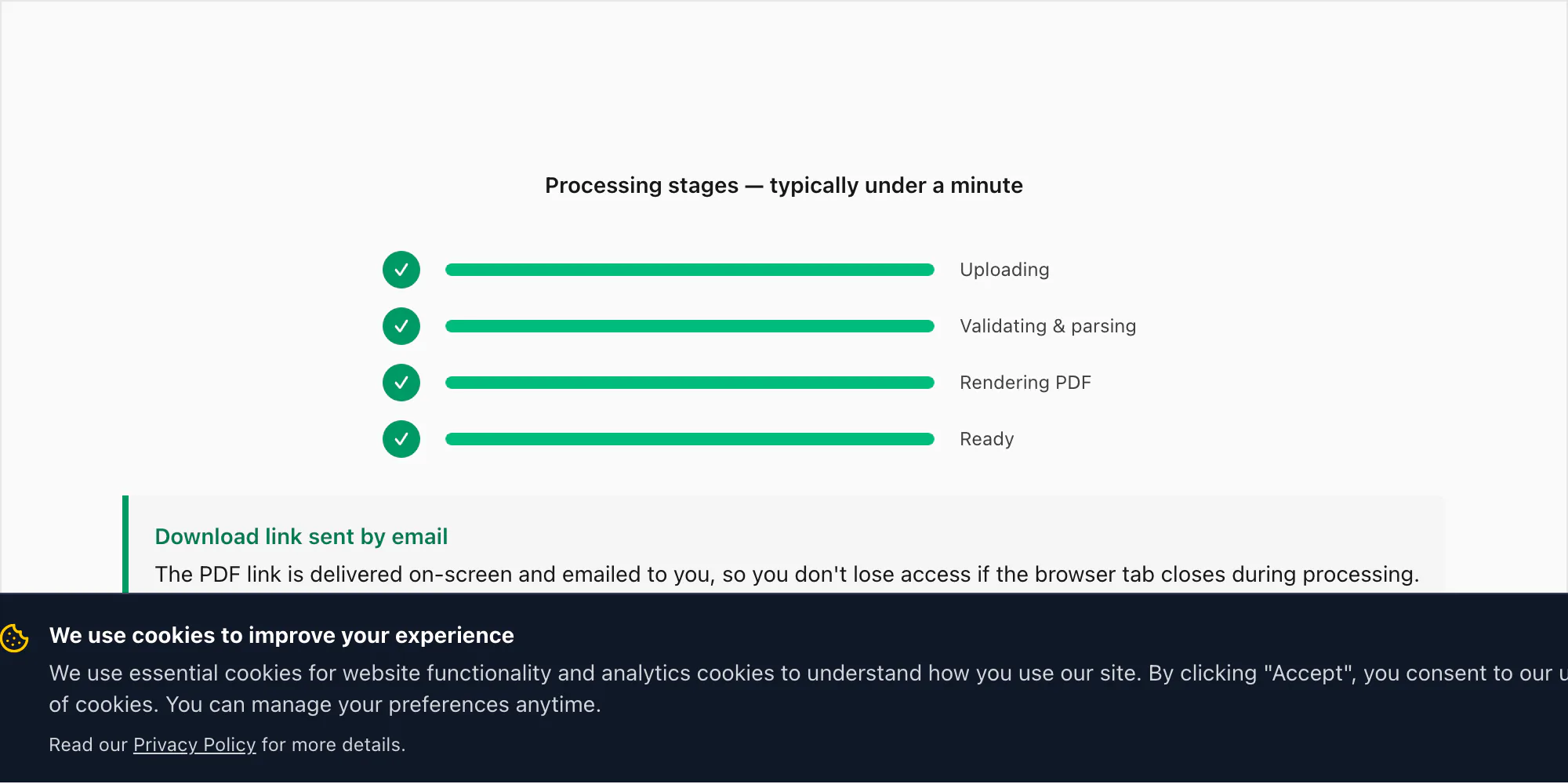 WhatsApp to PDF converter processing states: uploading, parsing, rendering, ready with progress indicator
