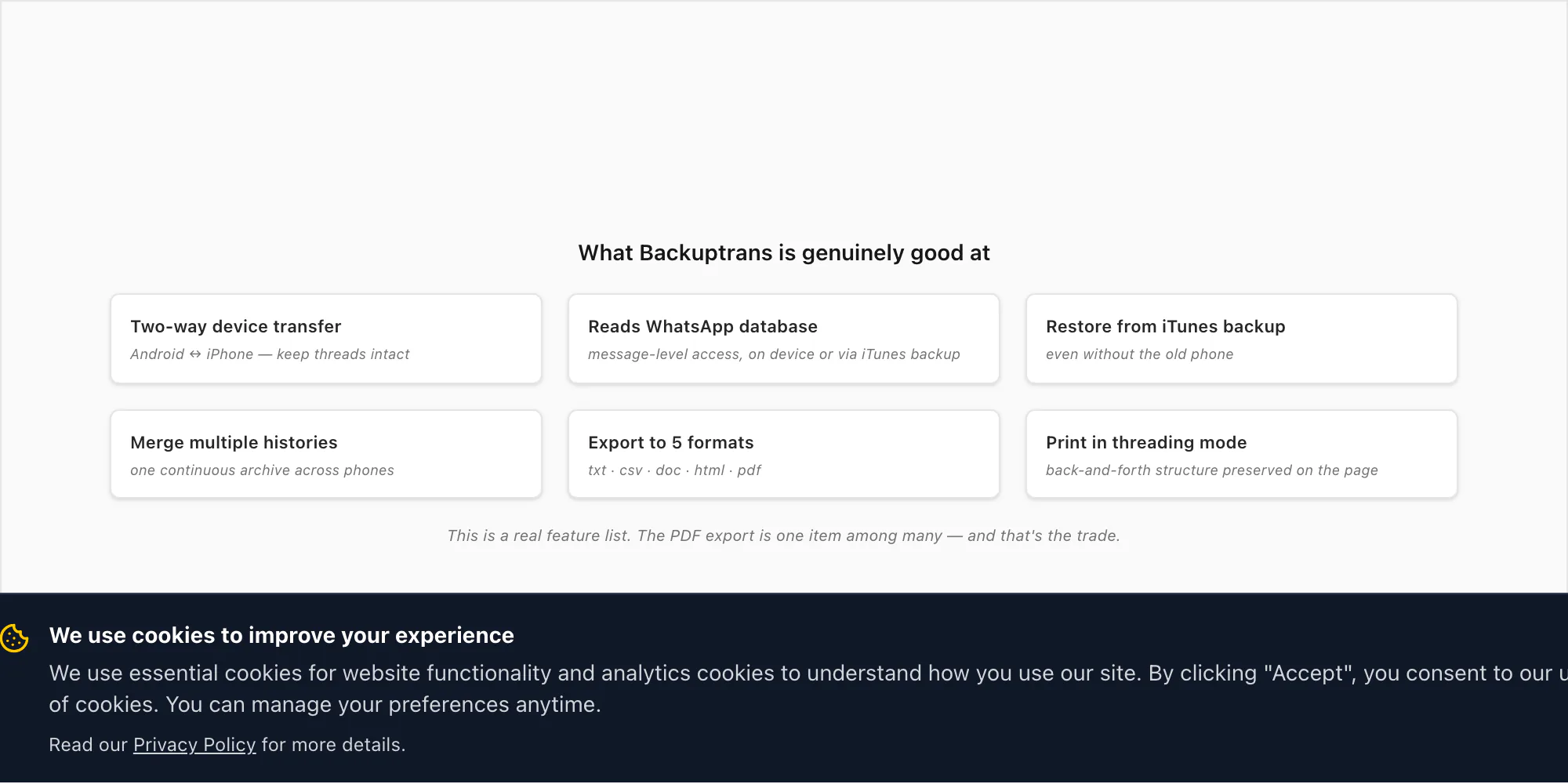 Backuptrans strengths: desktop install, reads WhatsApp database, two-way transfer, iTunes backup restore, merge histories