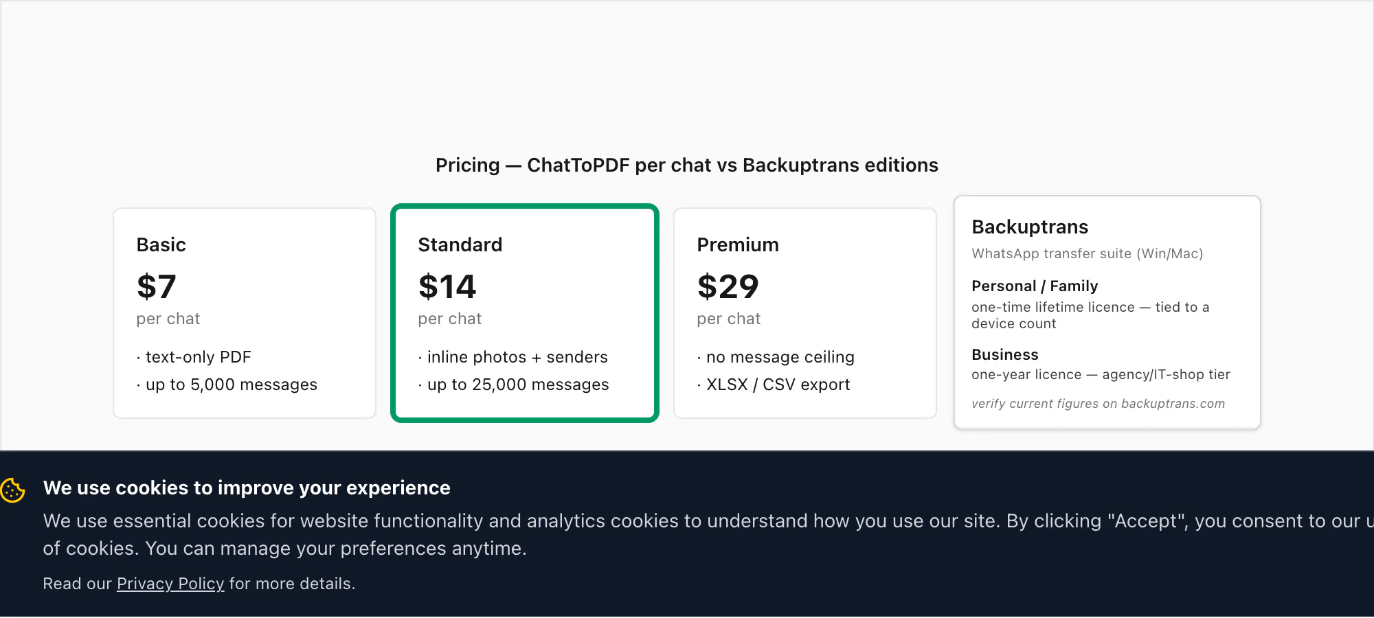 Pricing: ChatToPDF five per-chat tiers next to Backuptrans Personal/Family lifetime licences and Business one-year licence