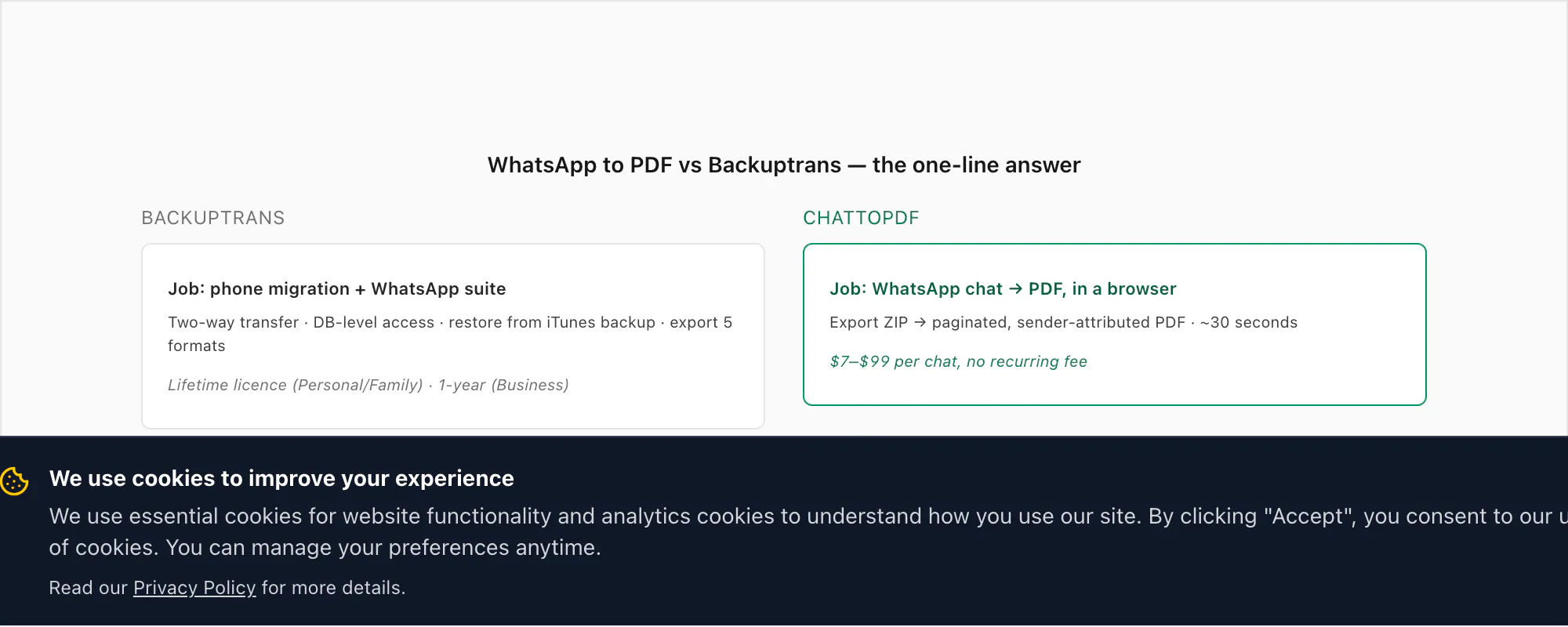 Side-by-side WhatsApp to PDF vs Backuptrans summary showing each tool next to the kind of job it is actually built to handle