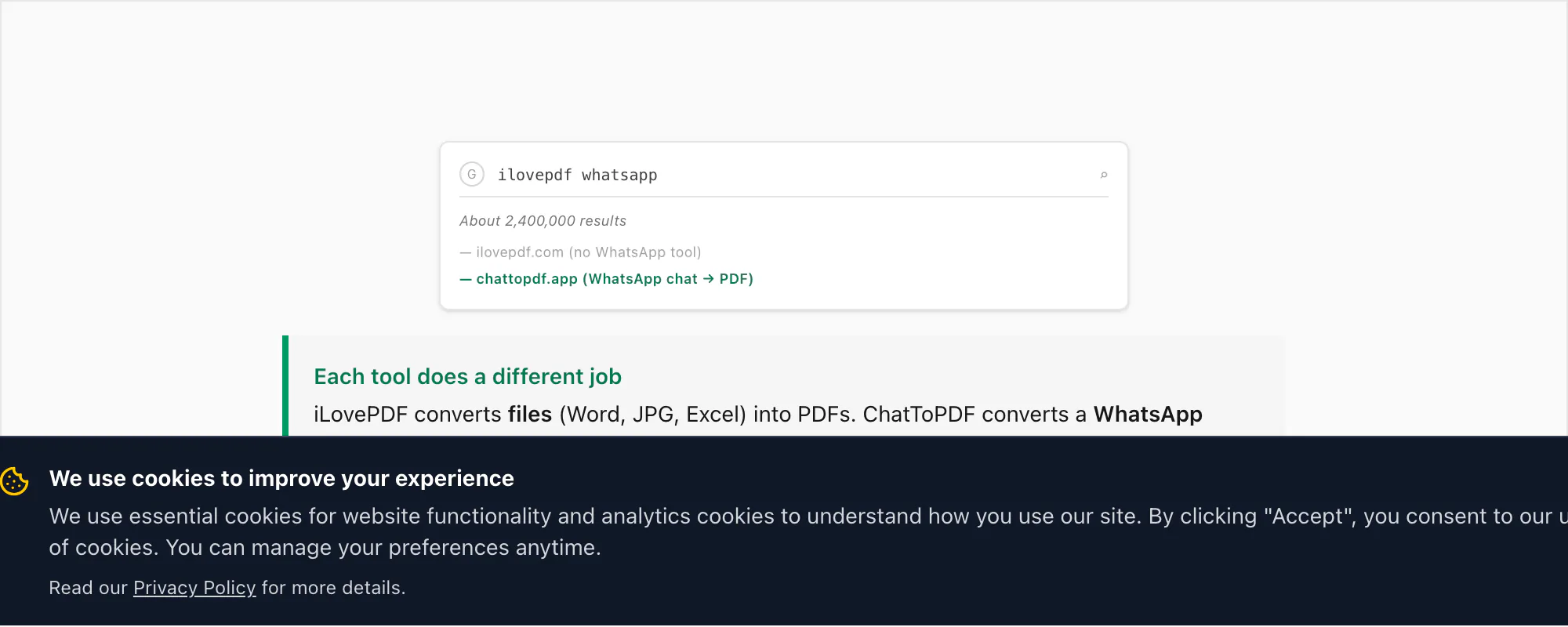 Search query iLovePDF WhatsApp on a results page, with a callout explaining each tool does a different job