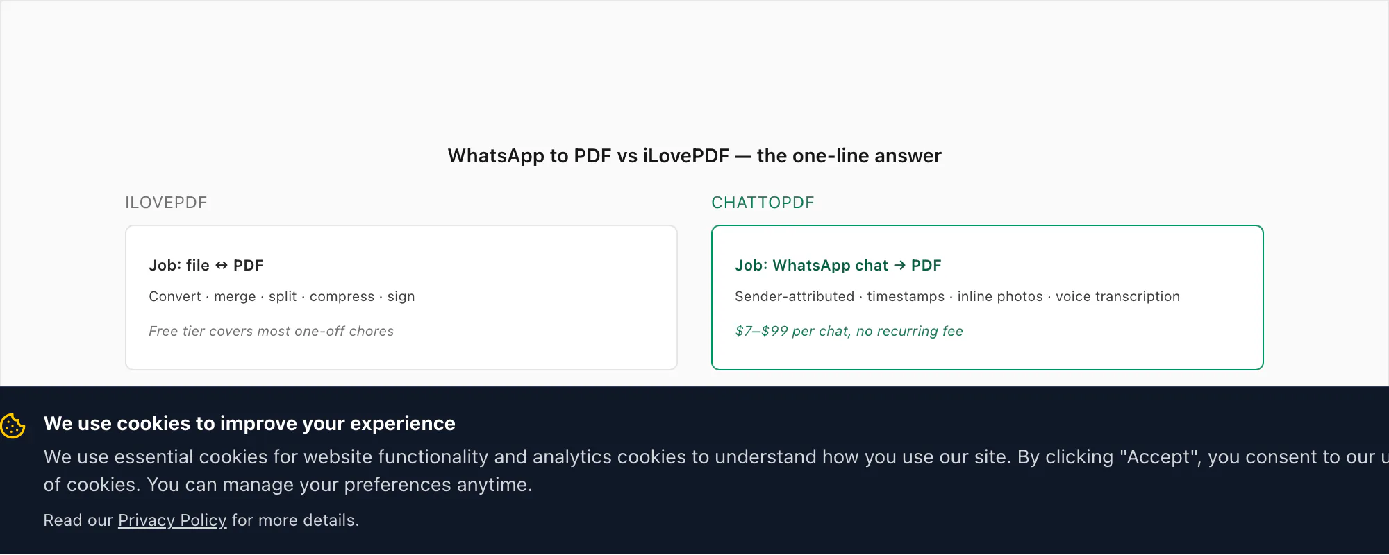 Side by side summary of WhatsApp to PDF vs iLovePDF showing each tool next to the job it is actually built for