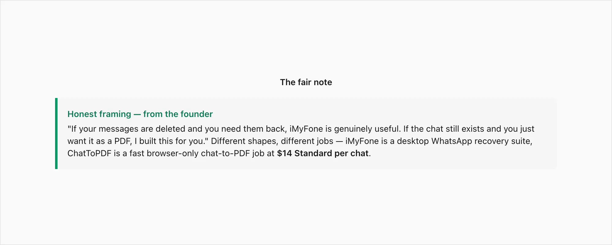Fair-note callout in the founder voice: if you need deleted-message recovery iMyFone is useful, otherwise ChatToPDF