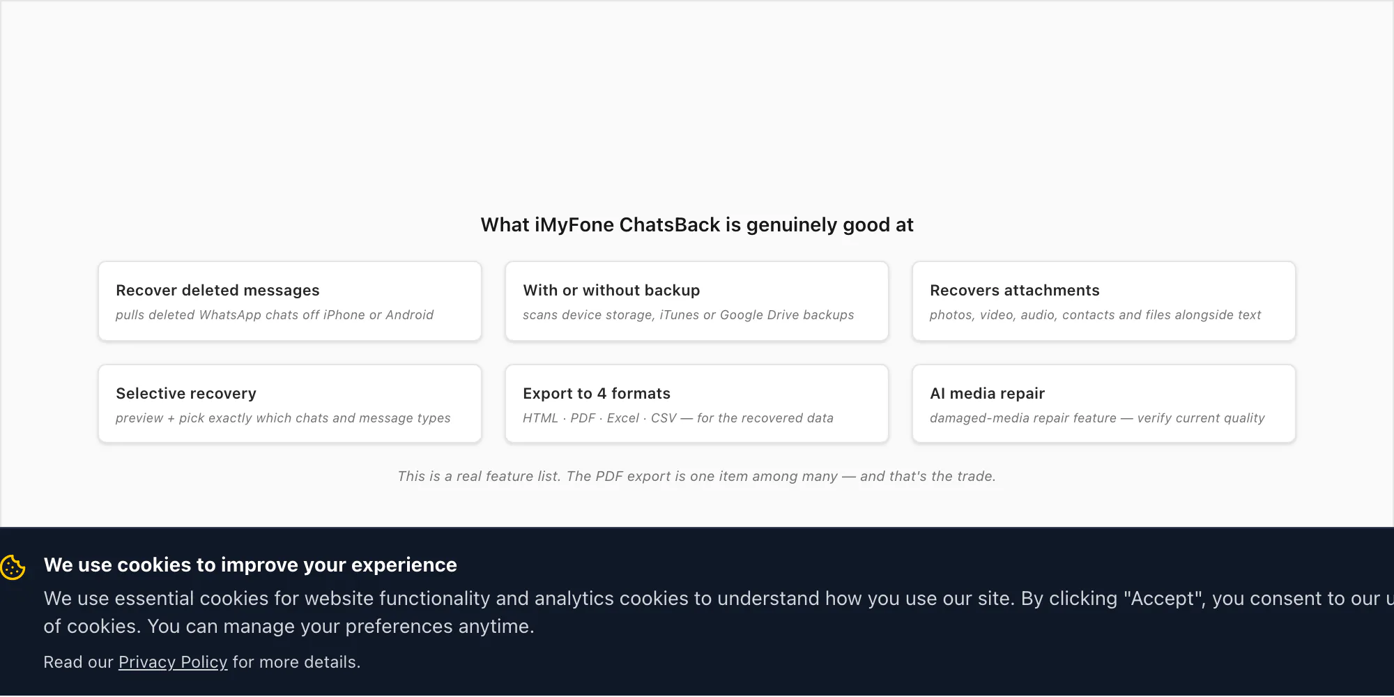 iMyFone ChatsBack strengths: deleted-message recovery on iOS and Android, attachments, four export formats including PDF