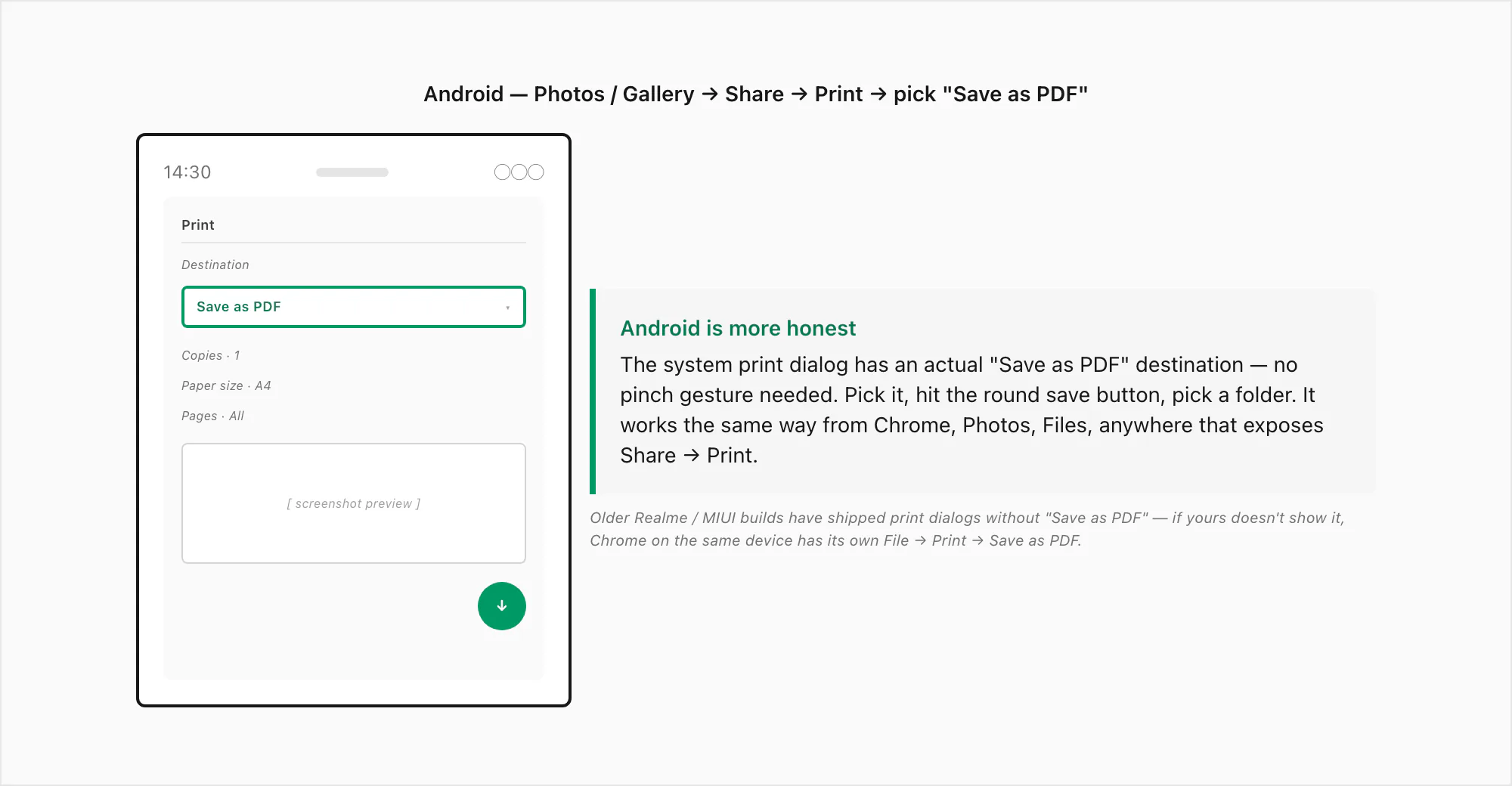 Android system print dialog with Save as PDF selected as the destination, page range All, ready to tap the round save button