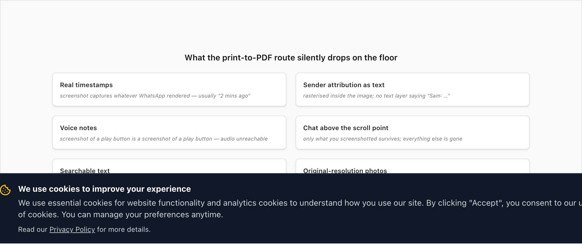 What screenshot print loses: real timestamps, sender attribution, voice notes, and chat history above the scroll point