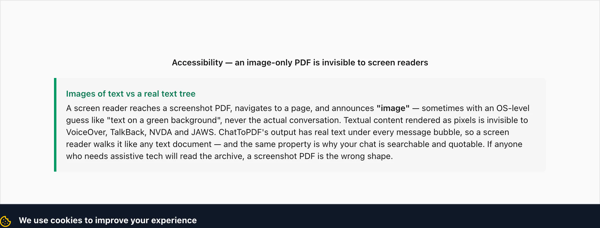 Accessibility note: an image-only PDF is invisible to screen readers; an accessible archive needs real text, not pixels