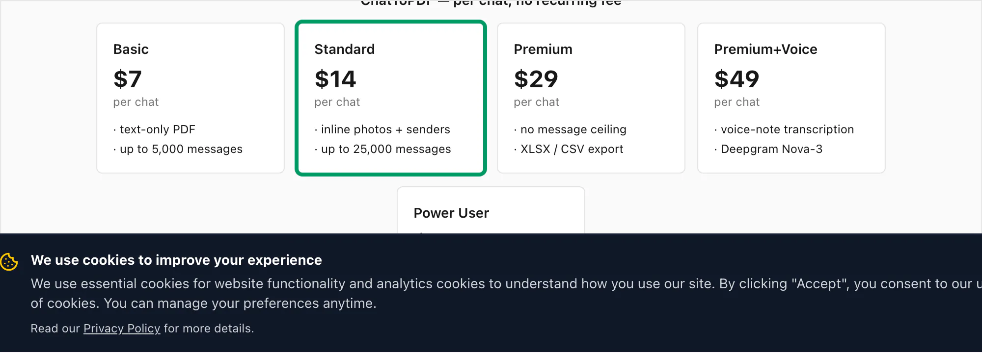 ChatToPDF pricing strip: Basic, Standard, Premium, Premium plus Voice and Power User tiers, priced per chat, no recurring fee