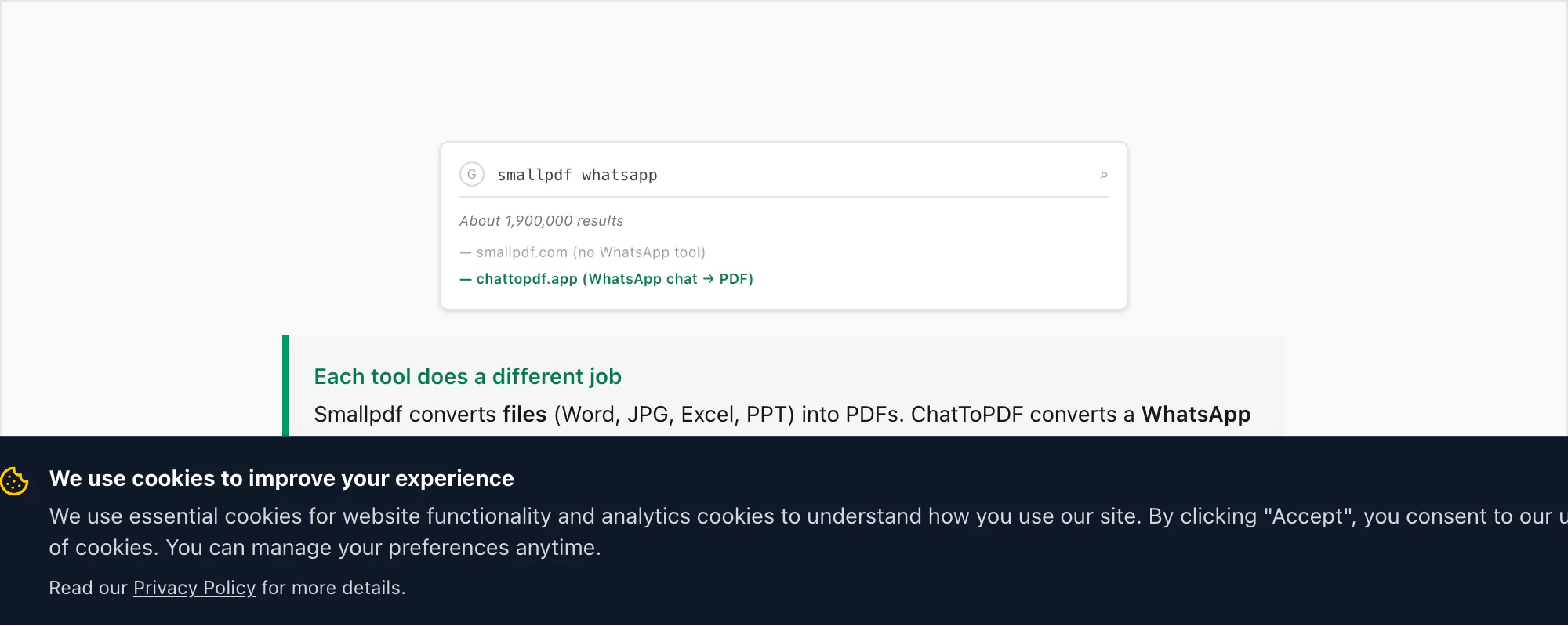 Search query Smallpdf WhatsApp on a results page, with a callout explaining each tool does a different job