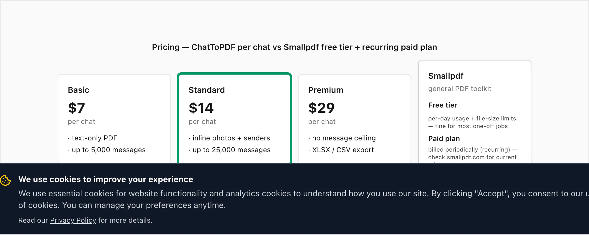 Pricing comparison: ChatToPDF priced per chat in five tiers next to a neutral Smallpdf free tier and recurring paid plan card