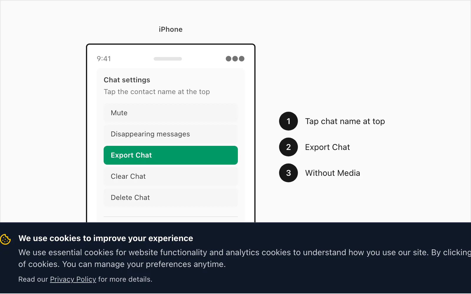 WhatsApp Export Chat menu on iPhone and Android with the Without Media option highlighted