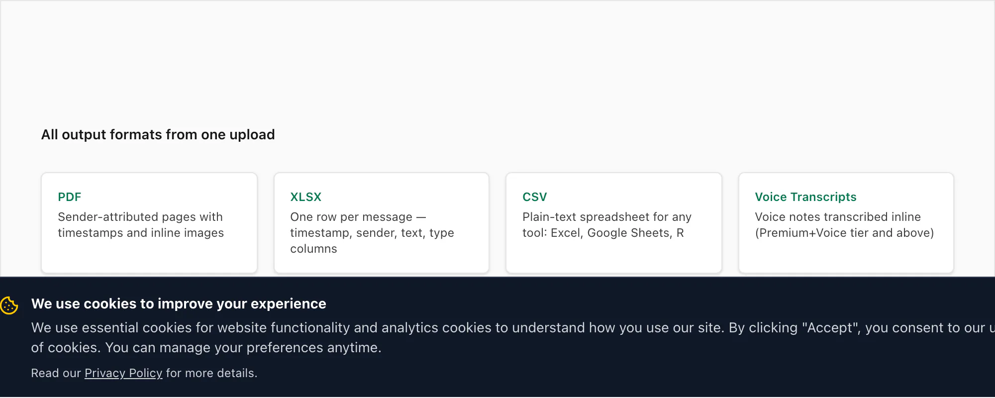 WhatsApp PDF multi-format output bundle: PDF, XLSX, CSV, voice transcripts