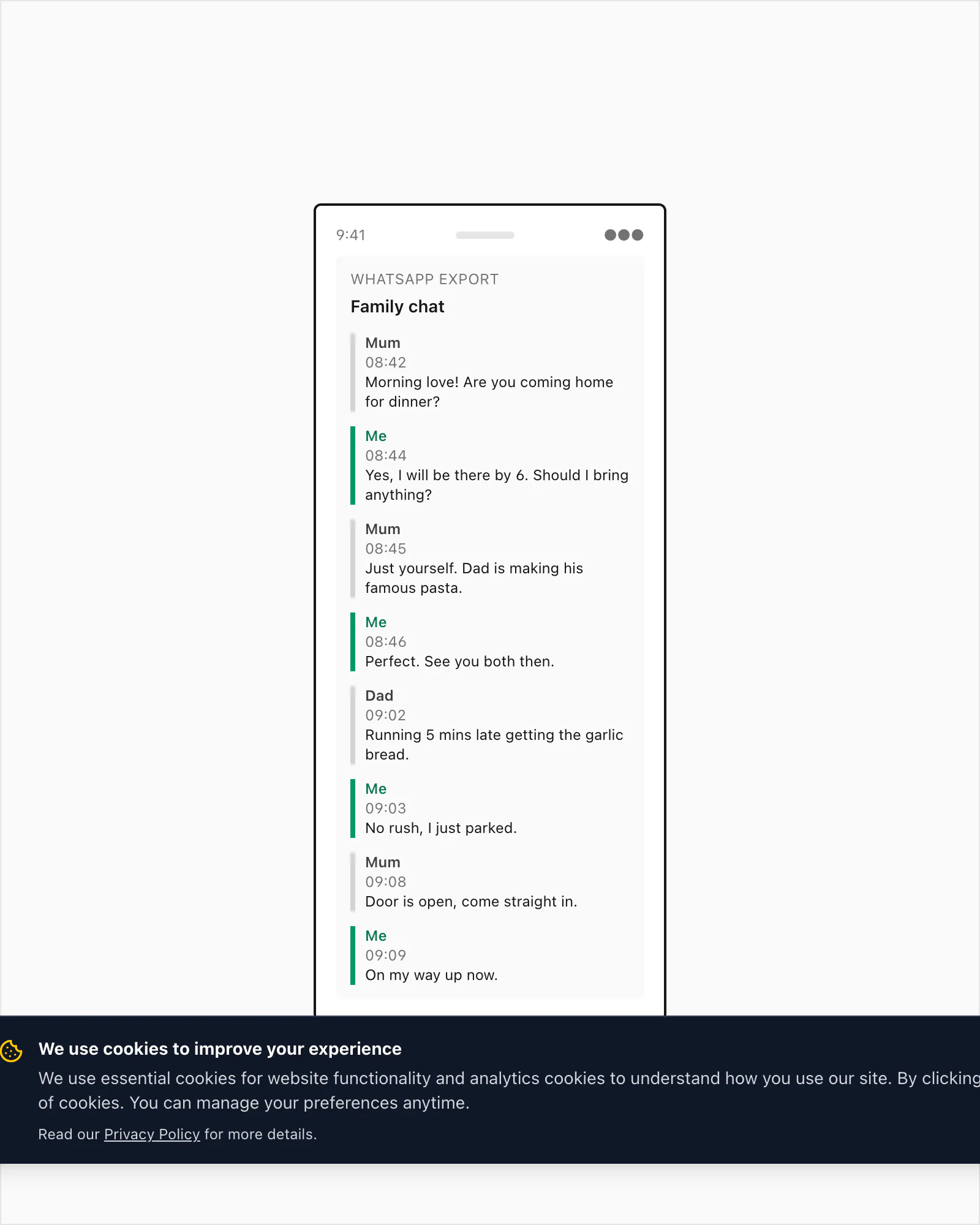 Sample WhatsApp to PDF page showing sender attribution, timestamp, message text