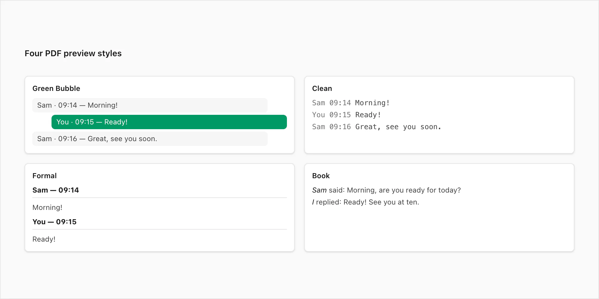 Four WhatsApp PDF preview styles side by side: green bubble, clean, formal, book