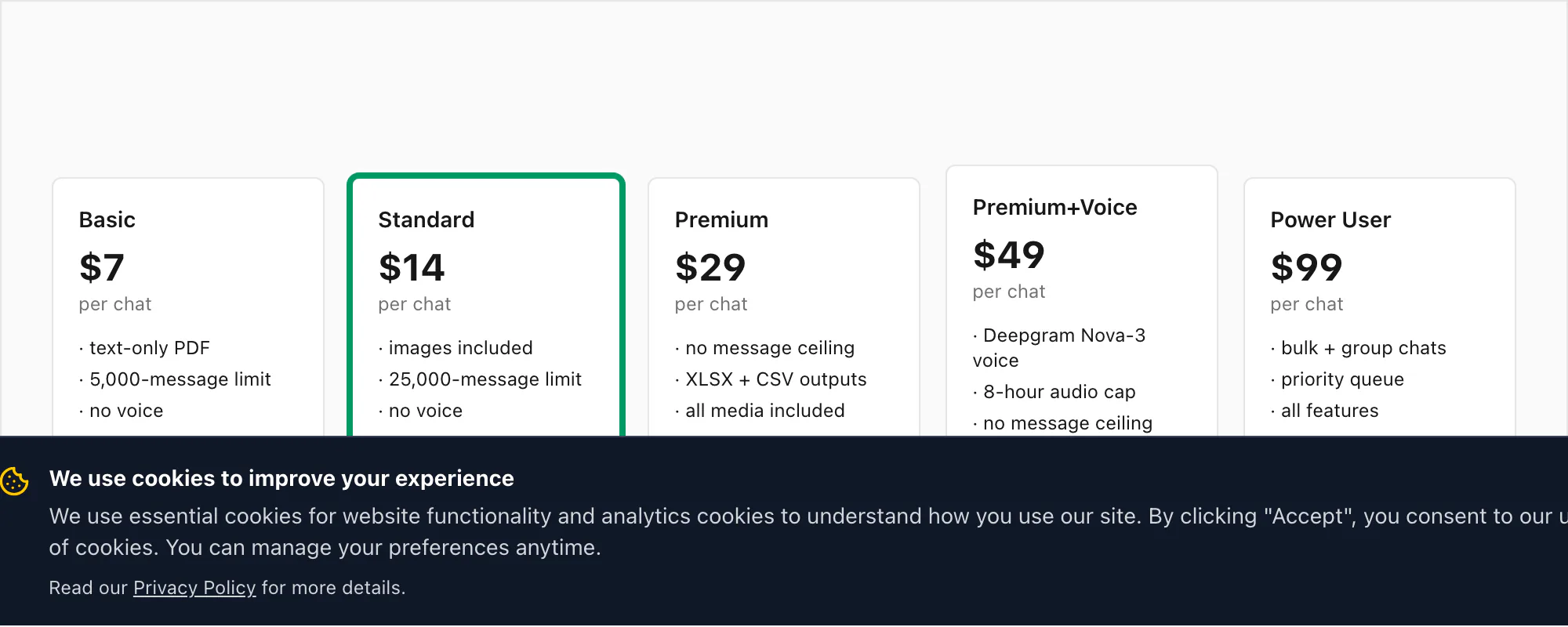 Five WhatsApp to PDF pricing tiers from 7 dollars to 99 dollars per chat conversion