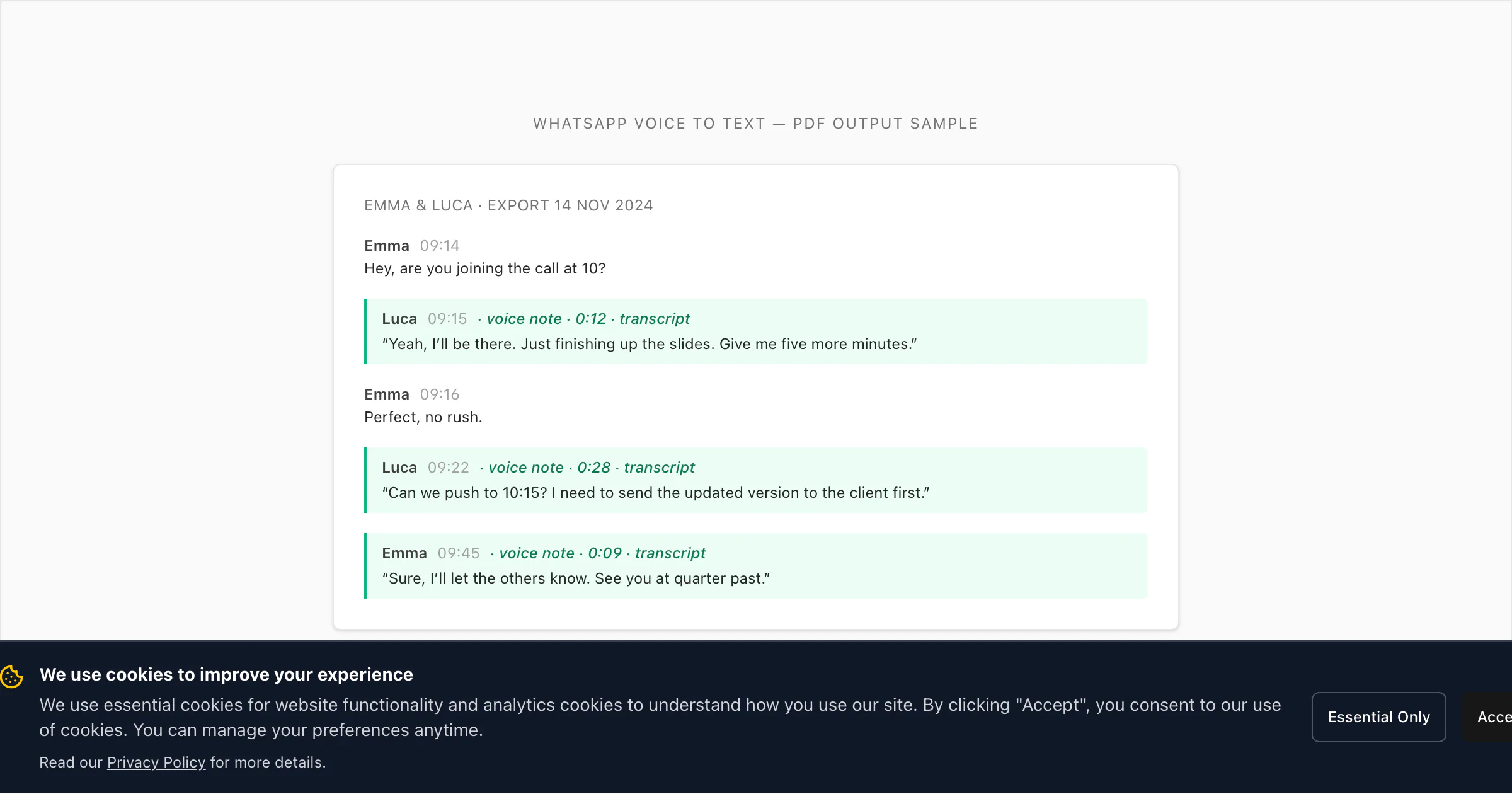 WhatsApp voice to text PDF sample with three voice notes transcribed inline showing sender name and timestamp