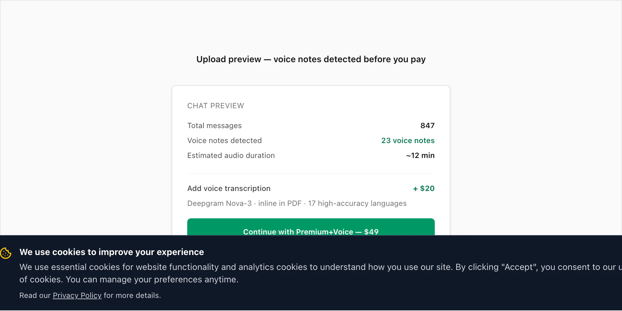 Upload preview panel showing WhatsApp voice notes detected count and Premium+Voice price before payment