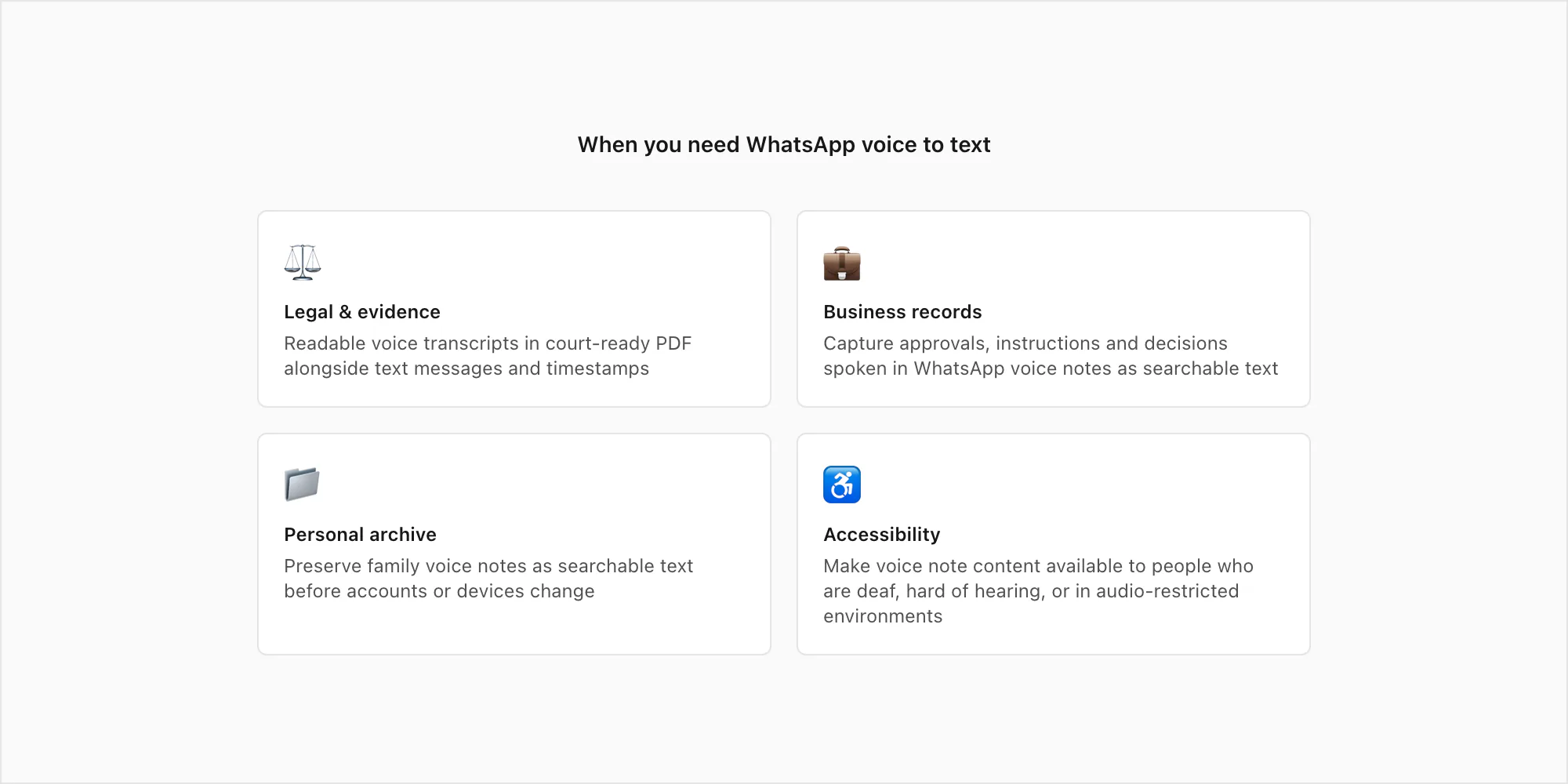 Four use cases for WhatsApp voice to text conversion: legal evidence, business records, personal archive, and accessibility