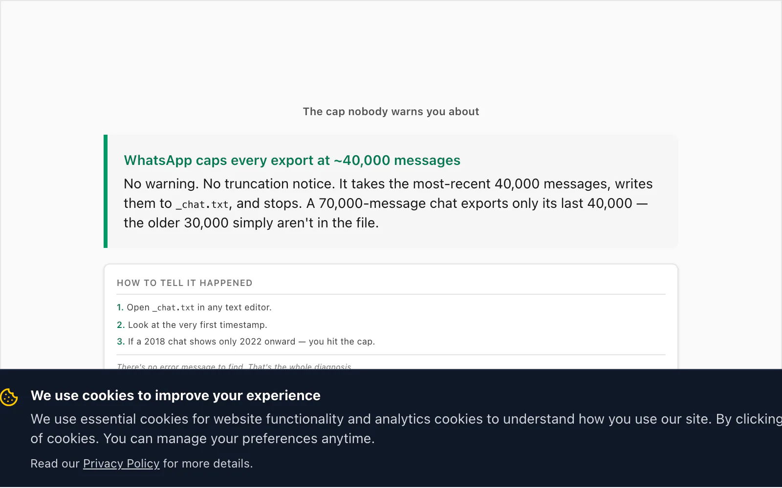 Callout explaining WhatsApp silently caps an export at about 40,000 messages with no truncation warning in the app
