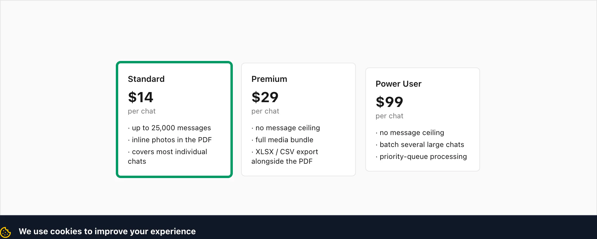 ChatToPDF pricing tiers Standard Premium and Power User per chat for large WhatsApp export ZIPs, Standard highlighted