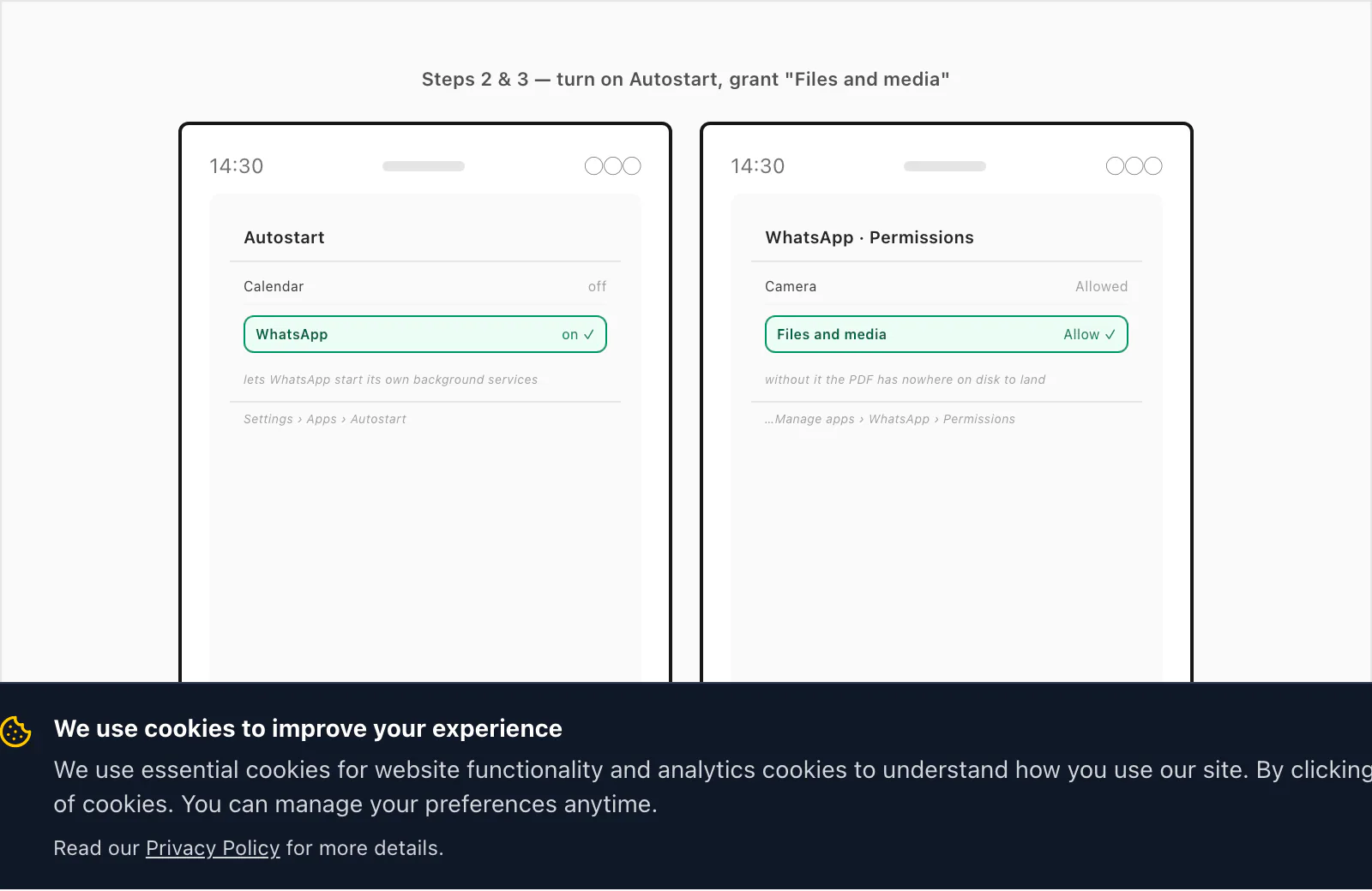 MIUI screens showing the WhatsApp Autostart toggle on and the Files and media storage permission granted