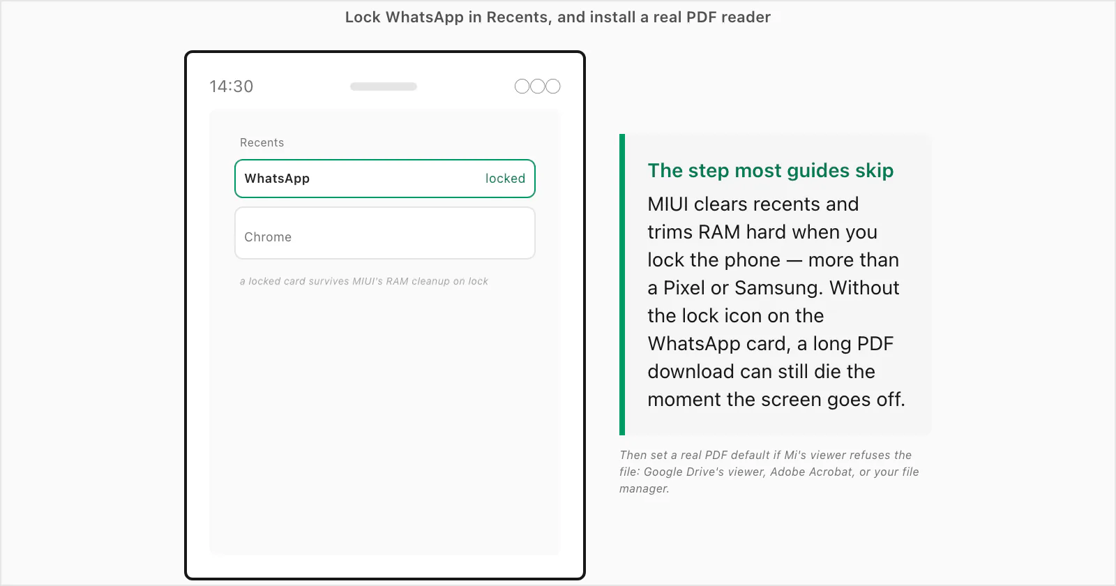 Callout on locking WhatsApp in the Recents card and installing a real PDF reader on a Xiaomi or Poco phone