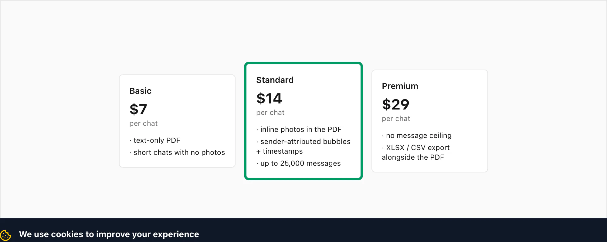 ChatToPDF pricing tiers Basic Standard and Premium per chat, with Standard highlighted as the usual pick